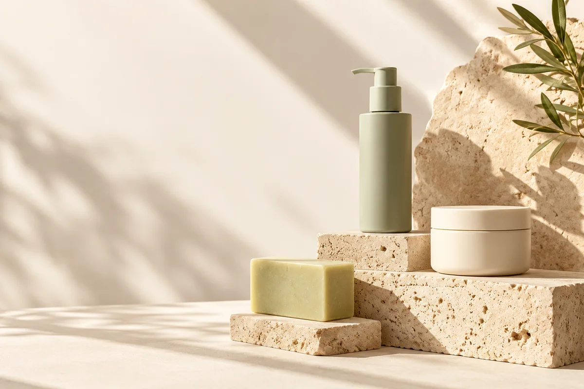 Concept skincare products arranged on stone in warm sunlight